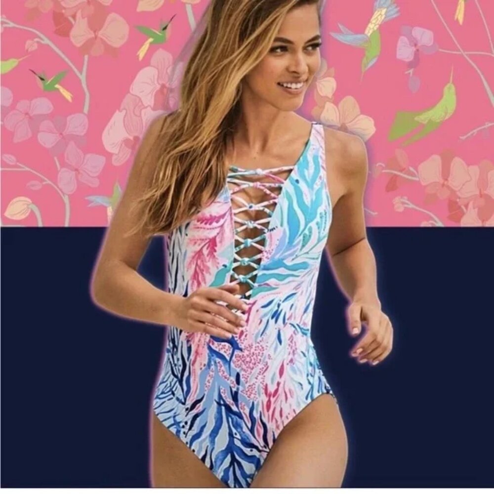 Lilly Pulitzer Isle Lattice 14 One Piece Swimsuit Kaleidoscope Coral bathing